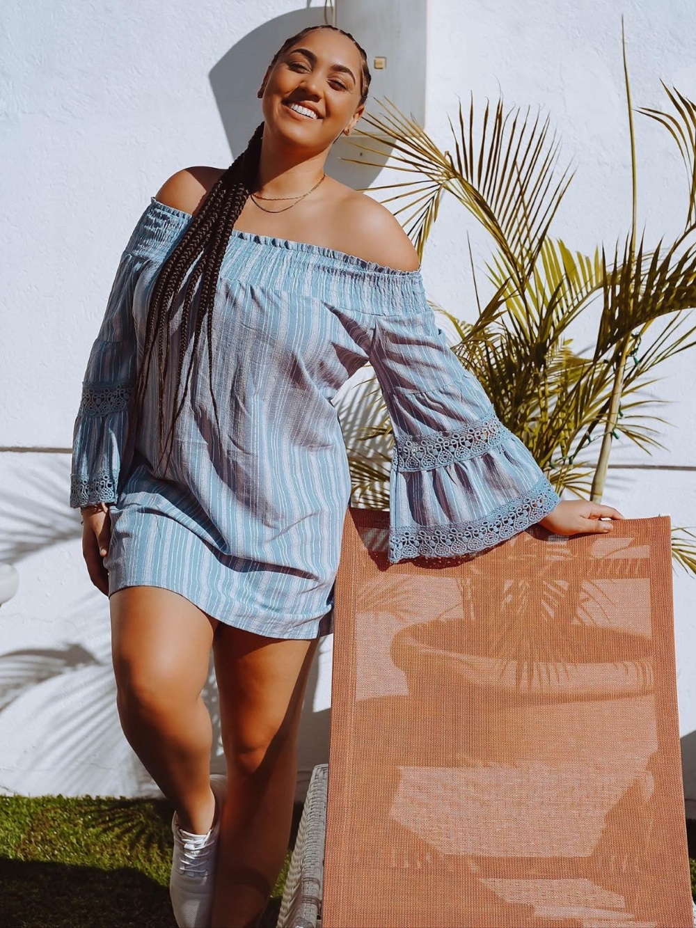 Kiwi + Punch Blue Striped Off Shoulder Boho Mini Dress Size 14